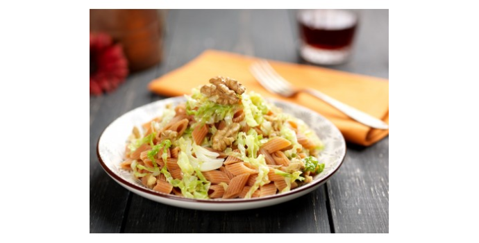 Mezze penne of lentils with savoy cabbage, walnuts and Parmigiano Reggiano Mezze penne of lentils with savoy cabbage, walnuts and Parmigiano Reggiano