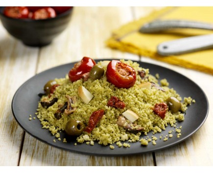 Cous cous with arugula and spinach  pesto and vegetables