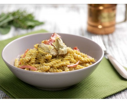 Fusilli multicereali gluten free con crema di carciofi e pancetta croccante