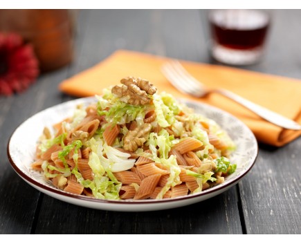 Lentil mezze penne with savoy cabbage,  walnuts and Parmigiano Reggiano